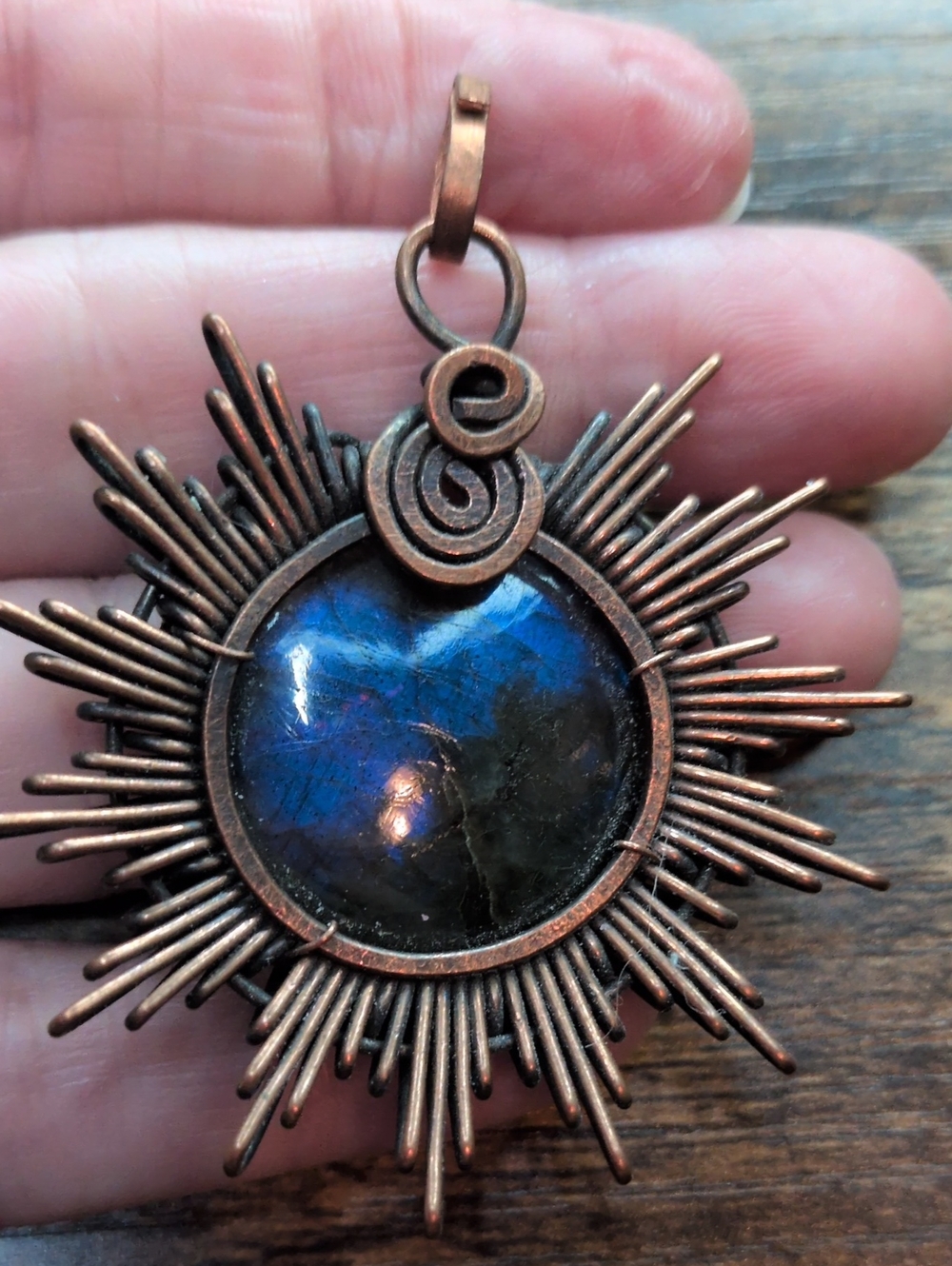 Copper Sunburst Pendant Necklace with Blue Labradorite